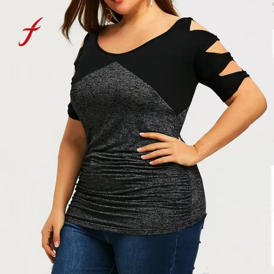 Women Plus Size Hollow Out Patchwork Splice Bow Pullover Female Large Short Sleeve Tops Shirt Tee T-Shirt Casual Clothes 2018 | Женская