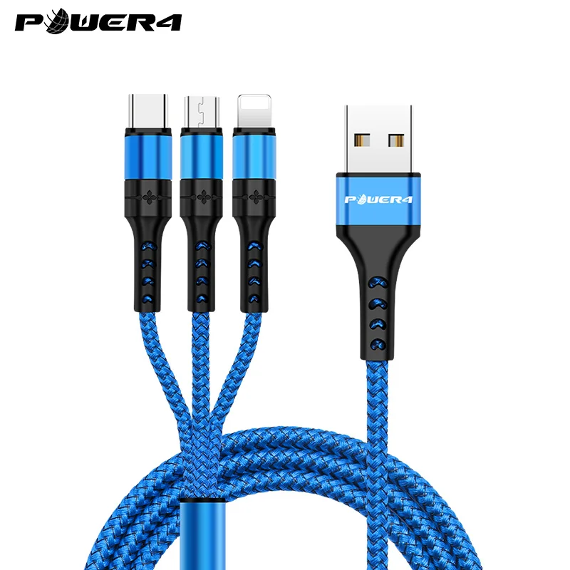 Blue Power4 мобильные телефоны USB шнуры 3 в 1 для iPhone зарядный кабель usb type C для Lightning Micro USB Android кабели зарядки - Цвет: Blue