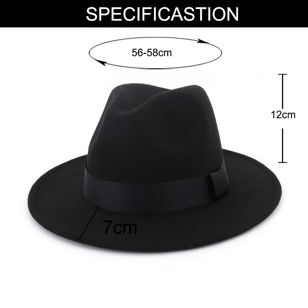 QIUBOSS для мужчин женщин плоские поля Джаз Шерсть фетр Fedora шапки черная лента украшения просто унисекс Панама шляпа игрока Trilby QB54