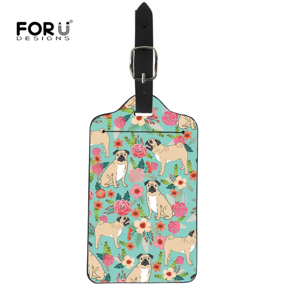 

FORUDESIGNS Pug Florals Printed Travel Luggage Tags for Suitcases Animals ID Address Holder Baggage Label Leather Tag Card DIY