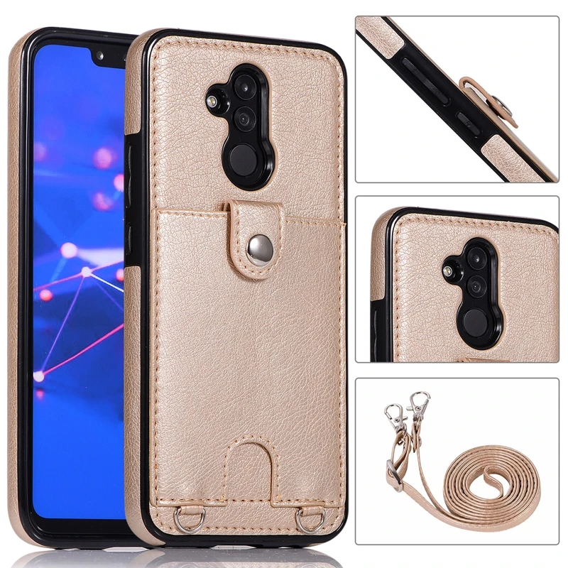 Простой Кожаный чехол-кошелек с ремешком для huawei mate 20 Pro Lite 20, задняя крышка, многофункциональная сумка на цепочке P30 PRO - Цвет: Gold