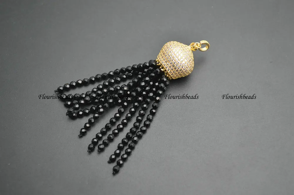 Paved CZ Beads Crown Metal Cap 3mm Faceted Black Onyx Agate Stone Round Tasssel Pendant Fit Fashion Necklace Making | Украшения и