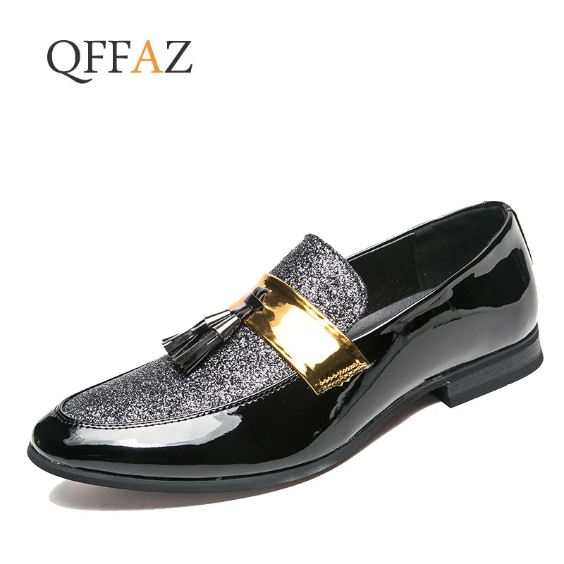 Мужские туфли на плоской подошве QFFAZ черные золотистые деловые кожаные с