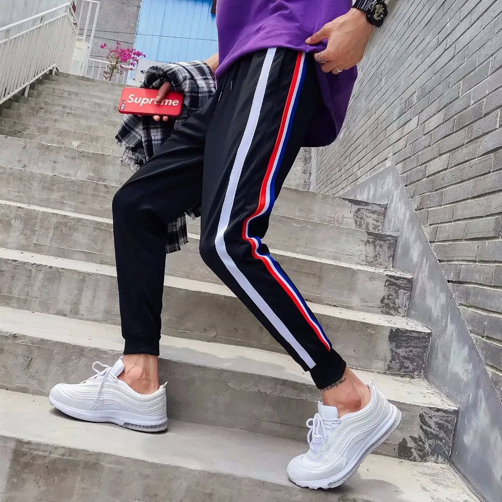 2018 мужские модные повседневные свободные полосатые хлопковые брюки с принтом на