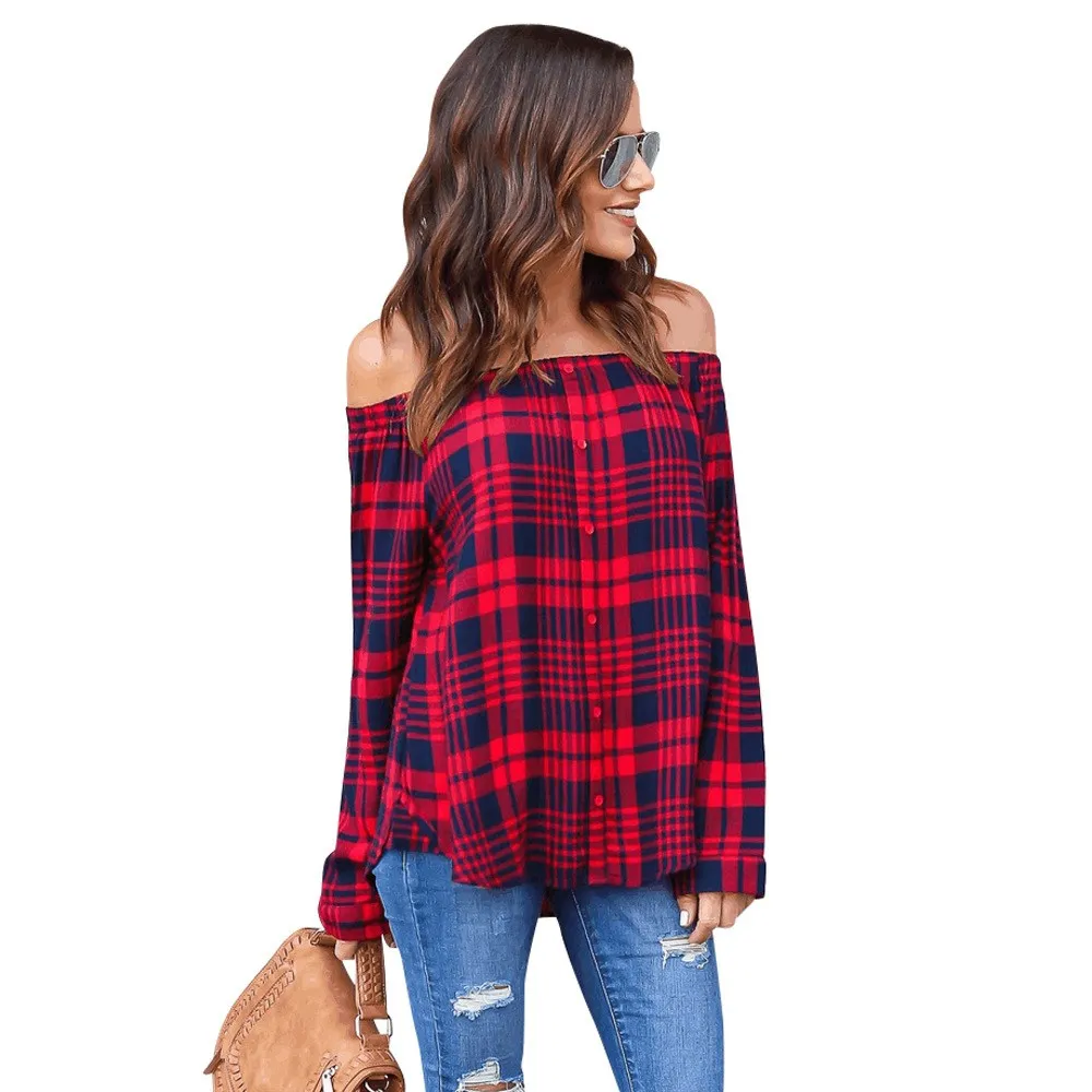 2018 Spring Autumn Women Casual Plaid Off Shoulder Blouse Shirts Fashion Button Red Classical Long Sleeve Tops |