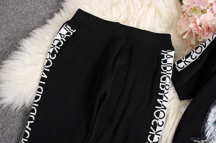 ALPHALMODA, летний трендовый вязаный свитер с тигром+ брюки-карандаш, 2 шт., вязаный костюм для женщин с коротким рукавом, трикотажные спортивные костюмы