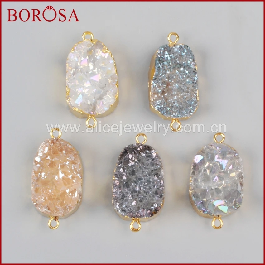 

BOROSA Gold Color Natural Crystal Quartz Drusy Pendant Necklace Fittings Mixed Druzy Geode Slice Connector for Necklaces G1036