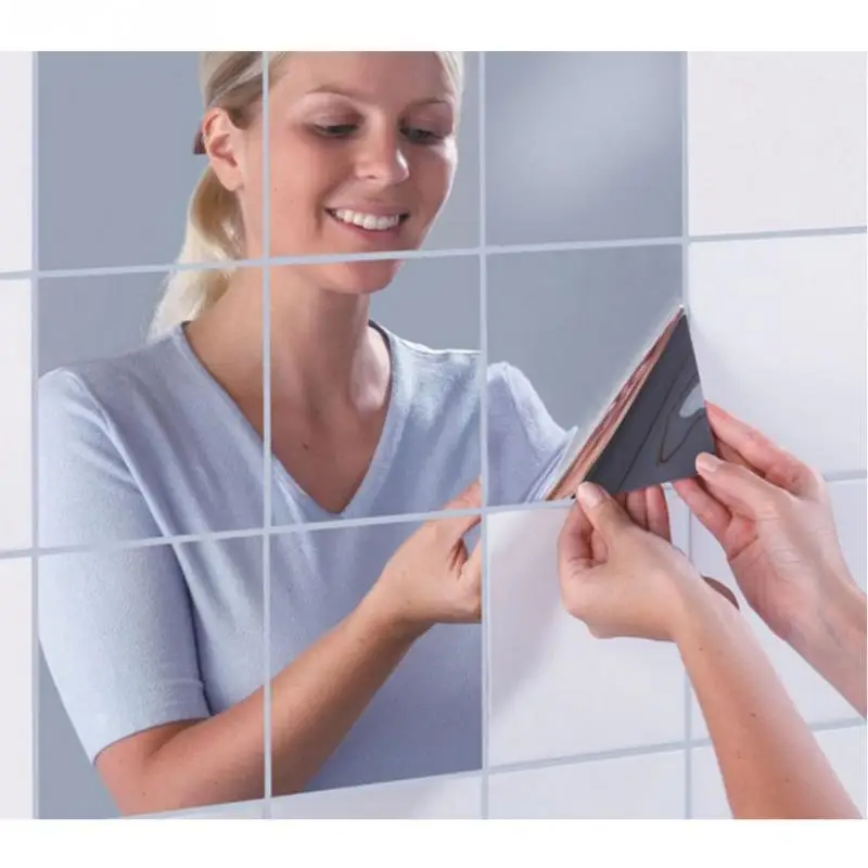 9pcs/set PET protectiv film stickers 15CM Square Mirror Paster big Mosaic back glue decorative mirror sticker | Дом и сад