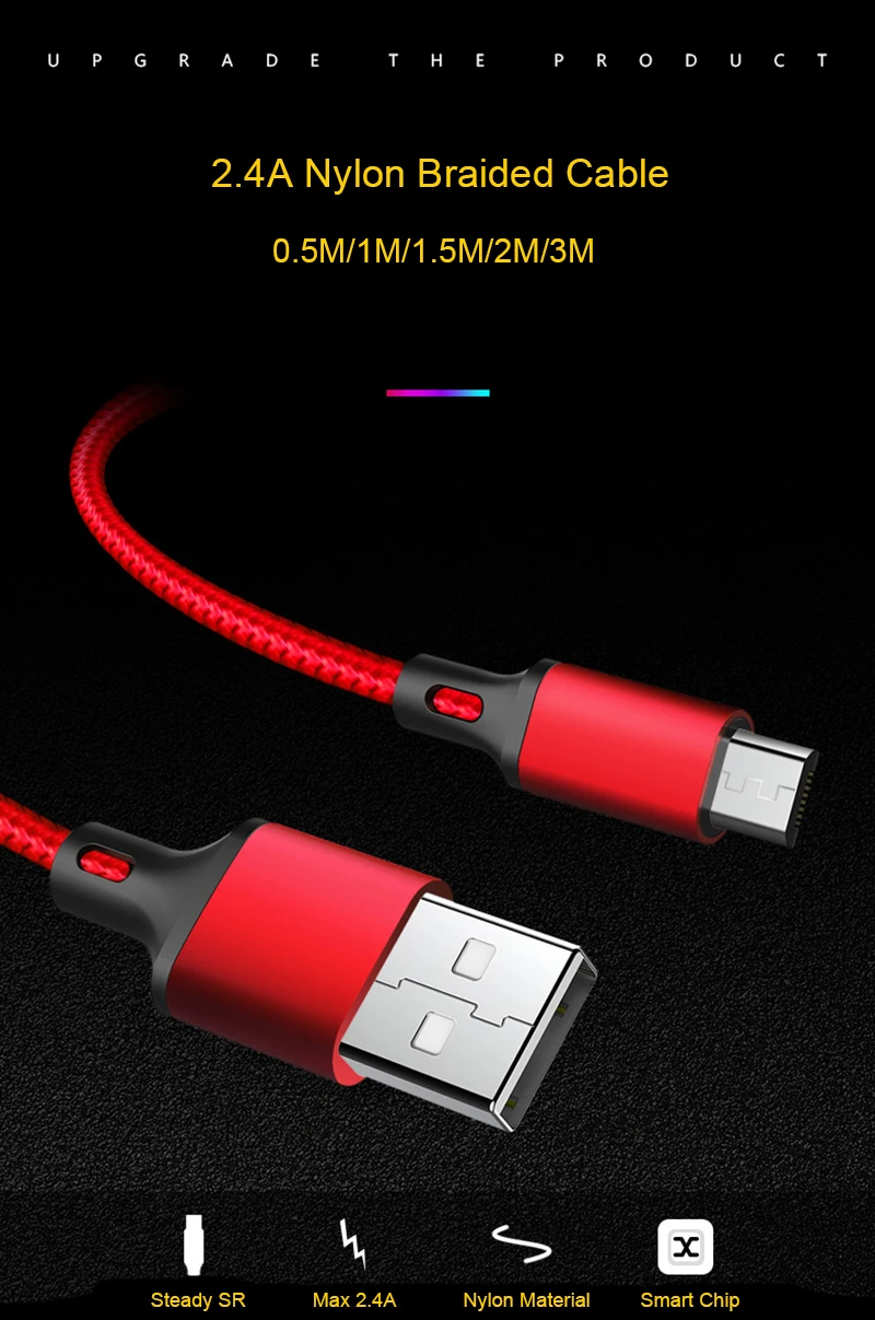 Sarika 0,5 м 1 м 1,5 м 2 м 3 м Micro USB кабель для мобильных телефонов Android Быстрая зарядка Макс A Microusb данных нейлоновый плетеный кабель провод