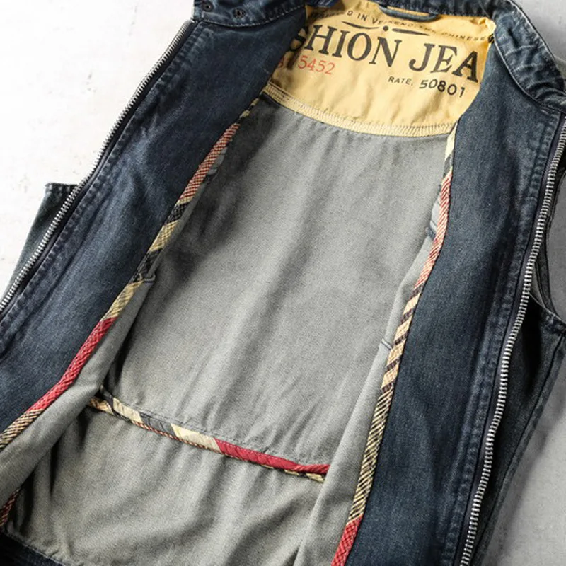 

Spring Summer Sleeveless Denim Coat Vest Men Vintage Work Zipper Jacket Street Style Stand Collar Slim Cowboy Biker Vest 3XL