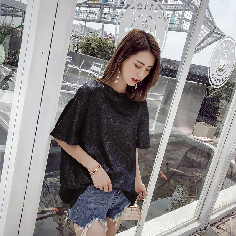 Shintimes лето 2019 Harajuku белая футболка женская блестящая черная короткий рукав