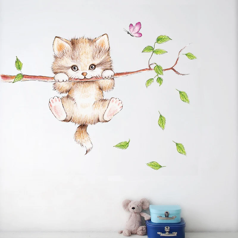 Наклейки на стену с изображением милого кота веток и бабочек|butterfly wall stickers|sticker for
