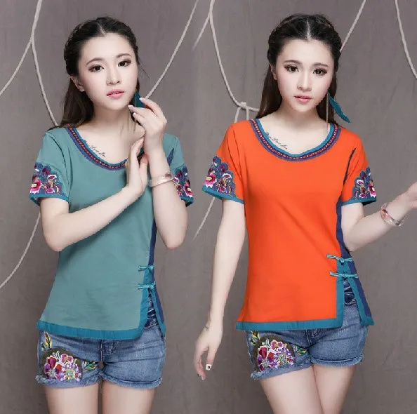 2015 new flower embroidery stretch t shirts short sleeve vintage t-shirt plus size woman clothes cotton summer tops 087 | Женская одежда