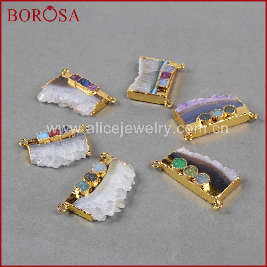 BOROSA 1 шт. золотой цвет друза аметиста ломтик и три радужные друзы Geode Разъем Кулон