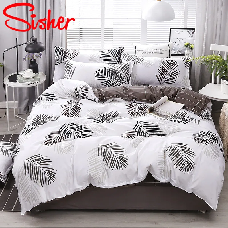 Белый Sisher Pastoral Green Leaf Print Duvet Cover Set Cotton Polyester Adult Comforter Bedding Sets Size Single Double Queen King - Цвет: Белый