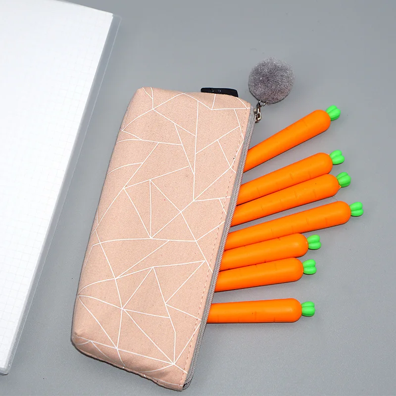 

New Concise Solid Color For Girl Student Pencil Case With Kawaii Plush Ball School Supply Pencil Cases Stationery Canvas Pen Bag