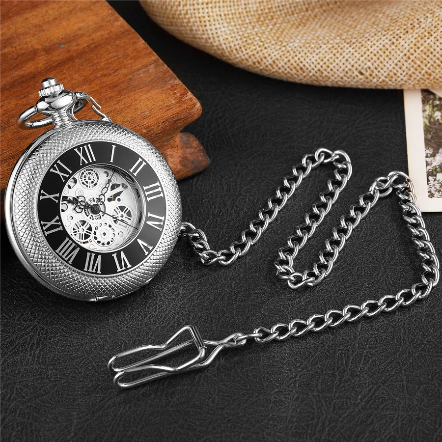 Pocketwatch Silver  Roman Numerals Antique Hand Wind Mechanical Pocket Watch Skeleton Steampunk Unique Gear Men Women