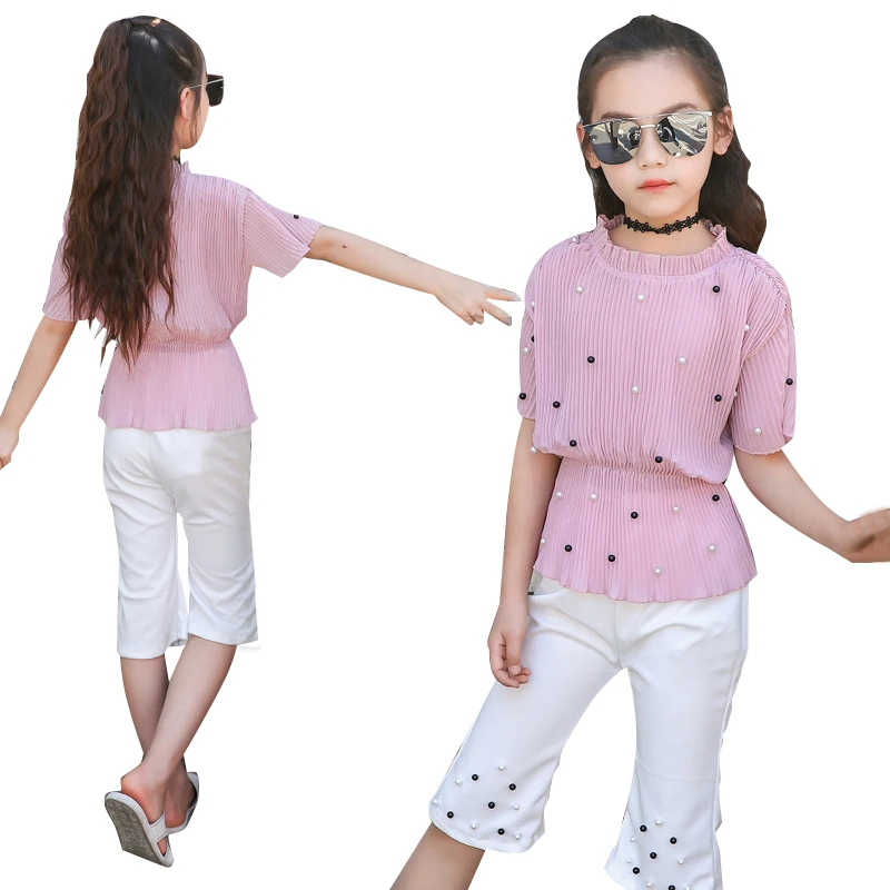 Детская летняя одежда для девочек шифоновый топ + штаны 2 предмета повседневная