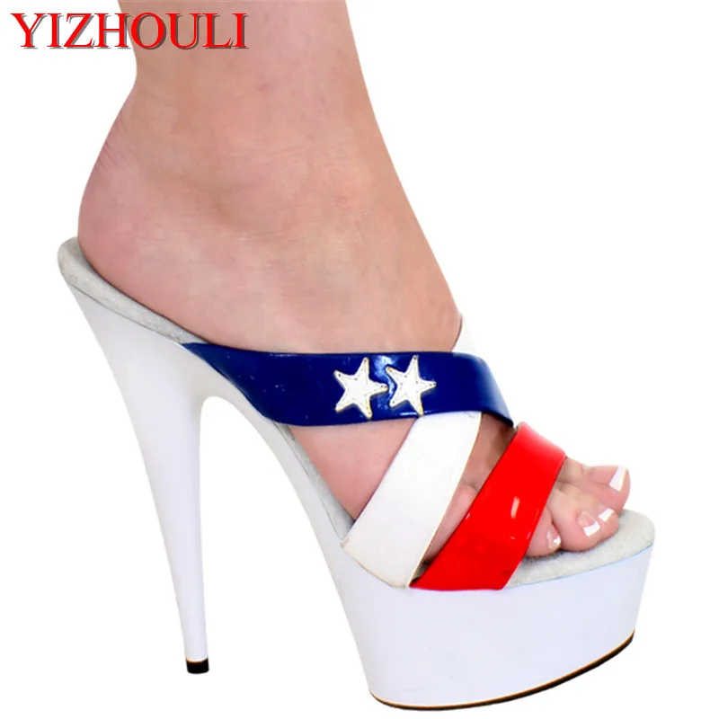 6 Inch Woman Platform High Heel American Sandals 15cm Stiletto With White Star Slippers Hand Made Sexy High Heel Sandals