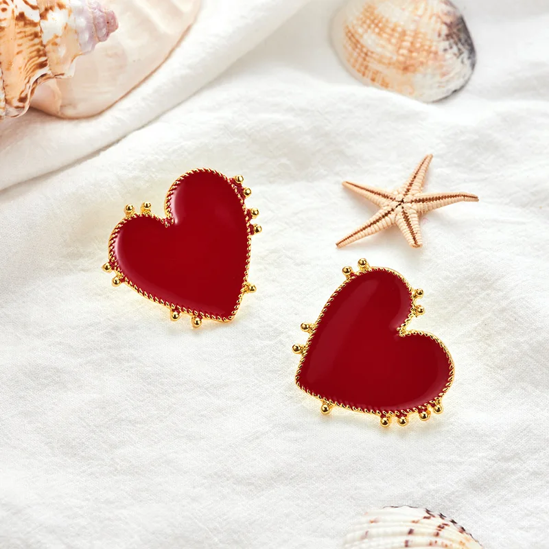 

AENSOA Vintage Bohemia Big Red Heart Earrings For Women 2021 Fashion Girl Large Sweet Heart Statement Earrings Party Jewelry