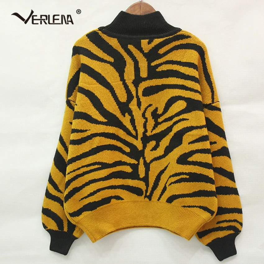 Batwing Sleeve Tiger Pattern Yellow Autumn Sweater Women 2019 Rib Funnel Collar Turtleneck Jumper Wool Oversized Loose Pullover | Женская