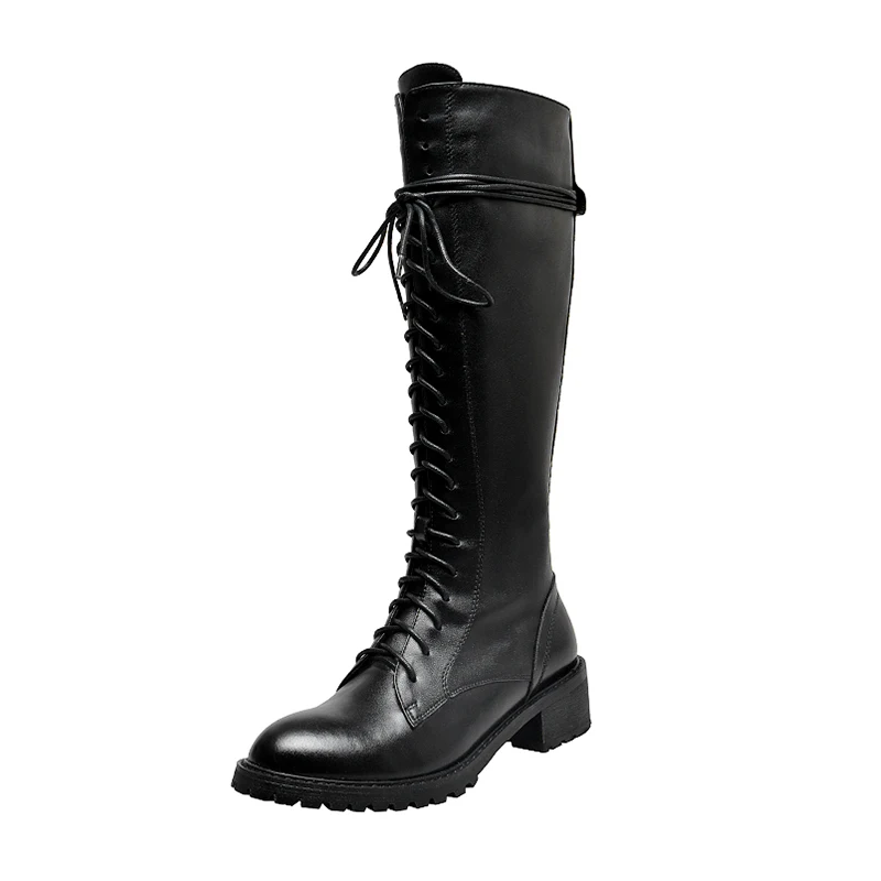 WETKISS Motorcycle Boots Women Thick Heels Boot Round Toe Croos Tied Shoes Female Cow Leather Shoes Ladies Autumn New - Цвет: black Leather