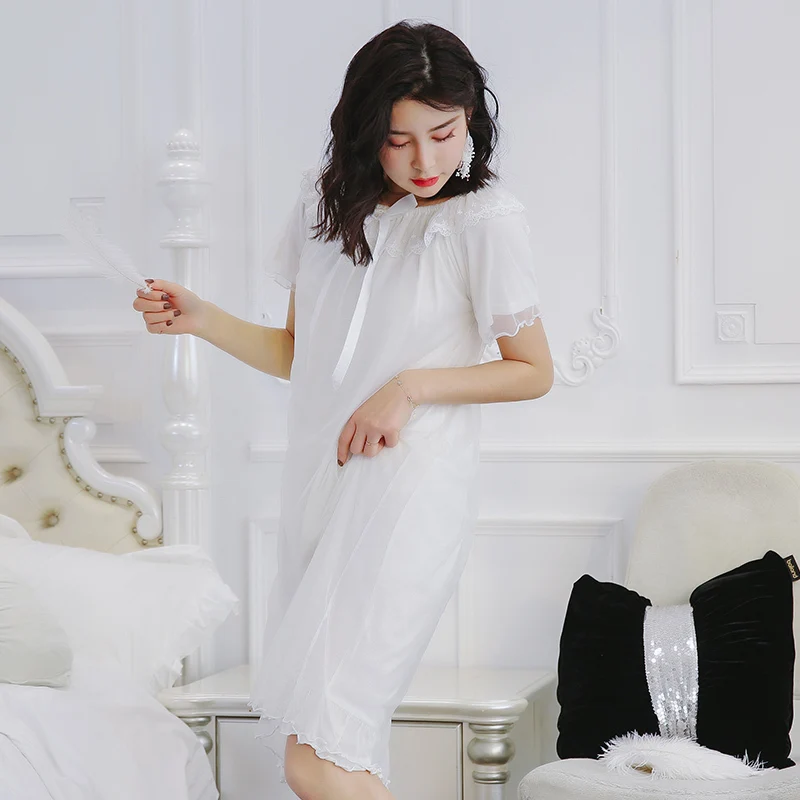 white short no pad Ночная рубашка RenYvtil, женское летнее кружевное платье, домашний комбинезон-шорты, нагрудный коврик, принцесса, дворец, Yoyal, Длинная женская ночная рубашка в придворном стиле, арабское - Цвет: white short no pad