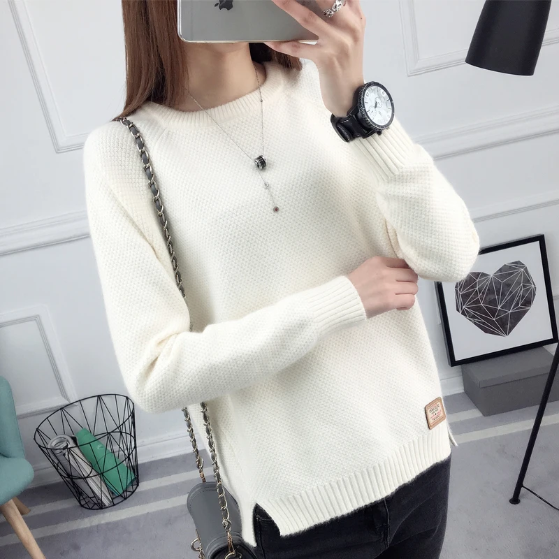 Women Character Beading Long Sleeve Autumn Knitting Sweater Pure Color Casual Elegant Split Patch Design Female Pullover | Женская