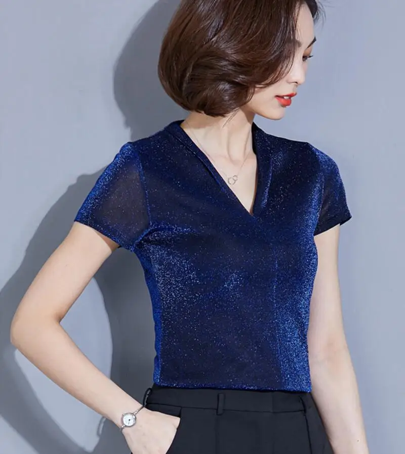 Blusas Mujer De Moda, новинка, яркая шелковая кружевная блузка, женские рубашки, блестящий люрекс, сексуальная, короткий рукав, для офиса, Женские топы и блузки