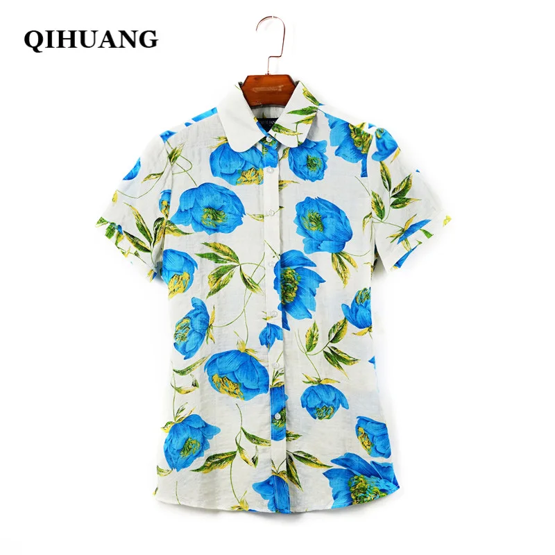 QIHUANG 2018 Большие размеры Блузки Хлопковые женские рубашки с коротким рукавом