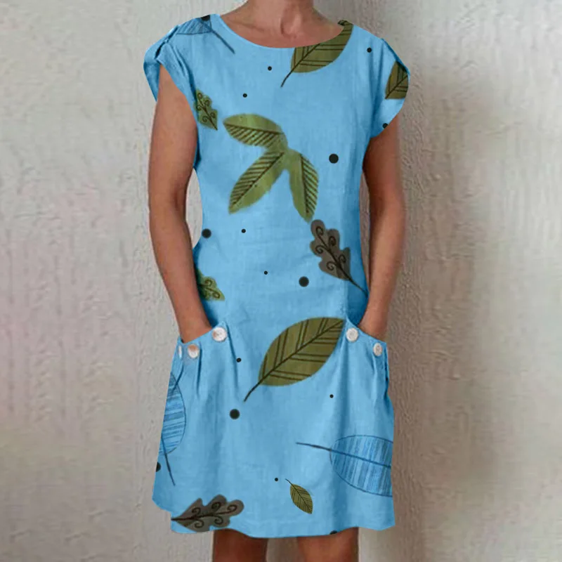 Print Light Blue ELSVIOS, 17 цветов, с принтом, о-образный вырез, льняное летнее платье для женщин, Ретро стиль, короткий рукав, карман, до колена, платье, повседневное, свободное, размера плюс, женское платье - Цвет: Print Light Blue