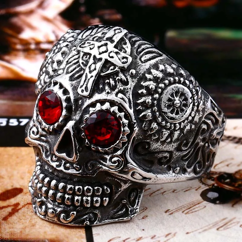 Байер 316L нержавеющая сталь красочные geen eyes Готический Золотой резной капалы кольцо с черепом Байкерский хип-хоп рок ювелирные изделия для мужчин LR327 - Цвет основного камня: red eyes