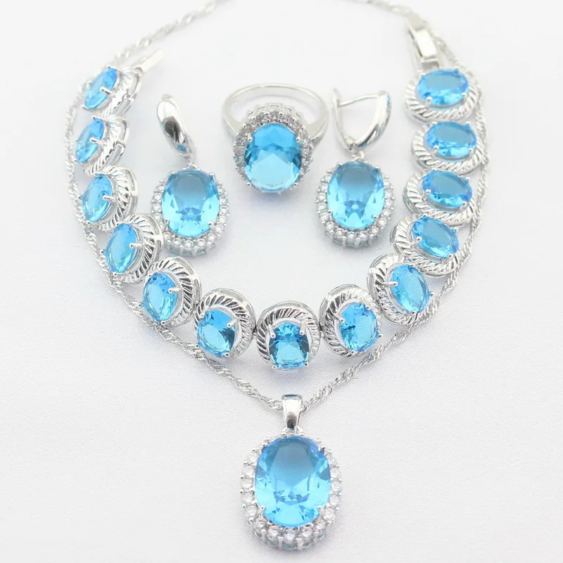 Круглый Серебристый Цвет Ожерелья/Подвески Серьги Кольца браслет Создан Голубой