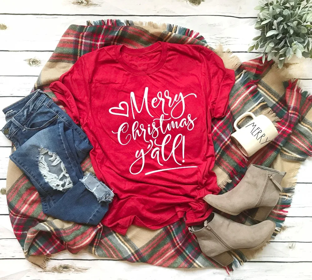 

Merry Christmas Y'all t-shirt Holiday gift women fashion celebrate aesthetic tumblr slogan red pretty cotton casual shirt tees