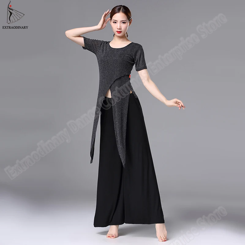 

Belly Dance Practice Clothes Top Pants Women Fashion 2-piece Round Neck Top Pants Suit black Bellydancing Stage Performance