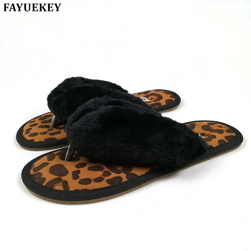 

FAYUEKEY 2018 New Autumn Winter Soft Home Leopard Print Cotton Plush Slippers Women Indoor\ Floor Girls Flip Flops Flat Shoes