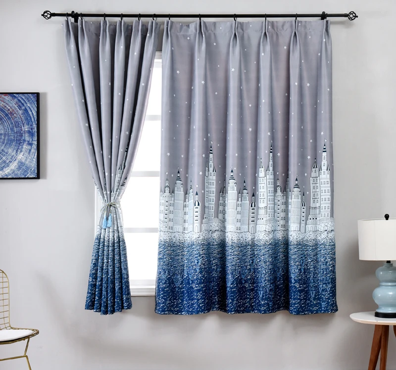 Modern Printed Castle Coffee Color Blackout Curtain For Kids Boys Bedroom Navy Blue Short Curtain Kitchen Window Drapes PC009D3