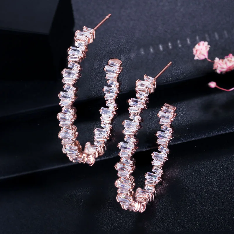 rose gold CWWZircons Роскошные багет кубического циркония для женщин Свадебная вечеринка большой круг розовое золото серьги-кольца высокое ювелирное изделие наркомания CZ439 - Окраска металла: rose gold