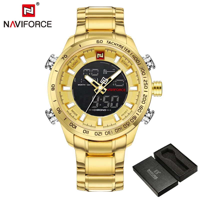 NAVIFORCE, мужские часы, цифровые, спортивные, мужские, s, наручные часы, лучший бренд, Роскошные, военные, из нержавеющей стали, аналог, светодиодный, кварцевые, мужские часы 9093 - Цвет: NA909301 with box