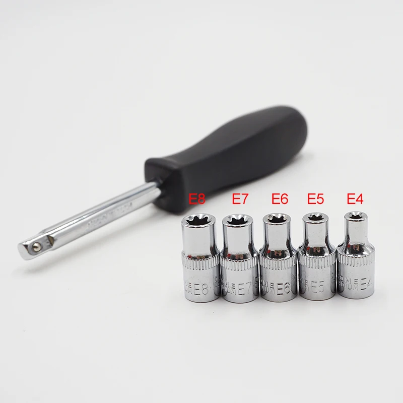 5pcs 1/4 inch Drive E4 E5 E6 E7 E8 Torx Star E Type Socket Set With Socket Wrench Handle Connection Extension Tools