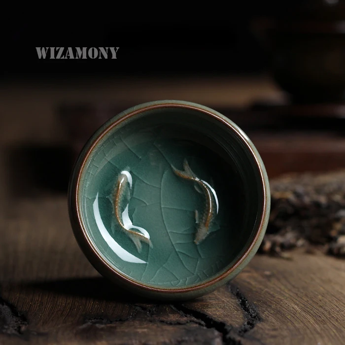 Китайский фарфоровый чайный сервиз Longquan Celadon 2 шт. чайная чашка с золотой рыбой
