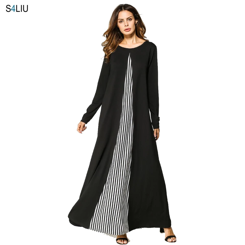 Женское мусульманское длинное платье в полоску весеннее стиле пэчворк