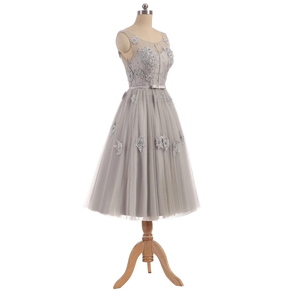 WeiYin Robe de Soiree Elegant O-neck Sleeveless Appliques Beading Evening Party Gray Lace Tea-Length Dresses | Свадьбы и торжества