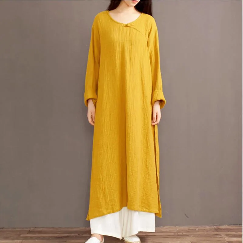 

Cotton Linen Solid Women Split Dress 2022 Spring Vintage Long Sleeve O-Neck Loose Casual Dress - red black yellow