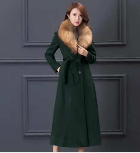 Dark green Классическое пальто осень зима новое тонкое дамское пальто большой размер меховой воротник шерстяные пальто двубортное длинное дамское кашемировое пальто 3XL - Цвет: Dark green