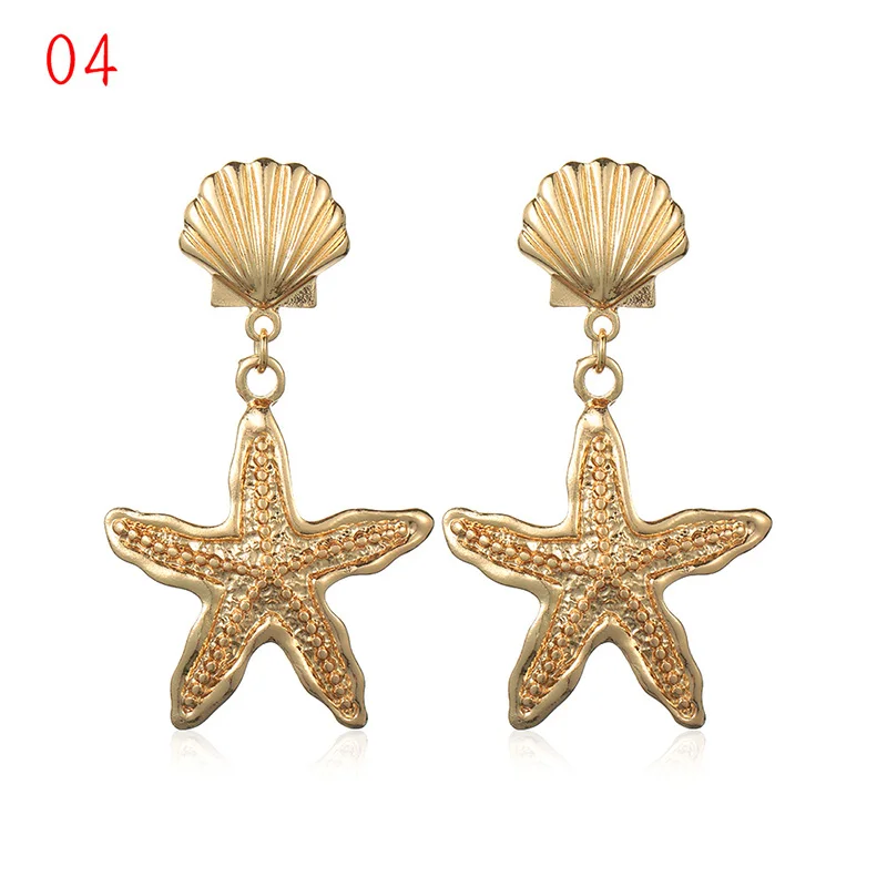 1Pair Summer Retro Fashion Shell Earrings Women Gold Color Geometric Irregular Starfish Conch Statement Jewelry Accessories
