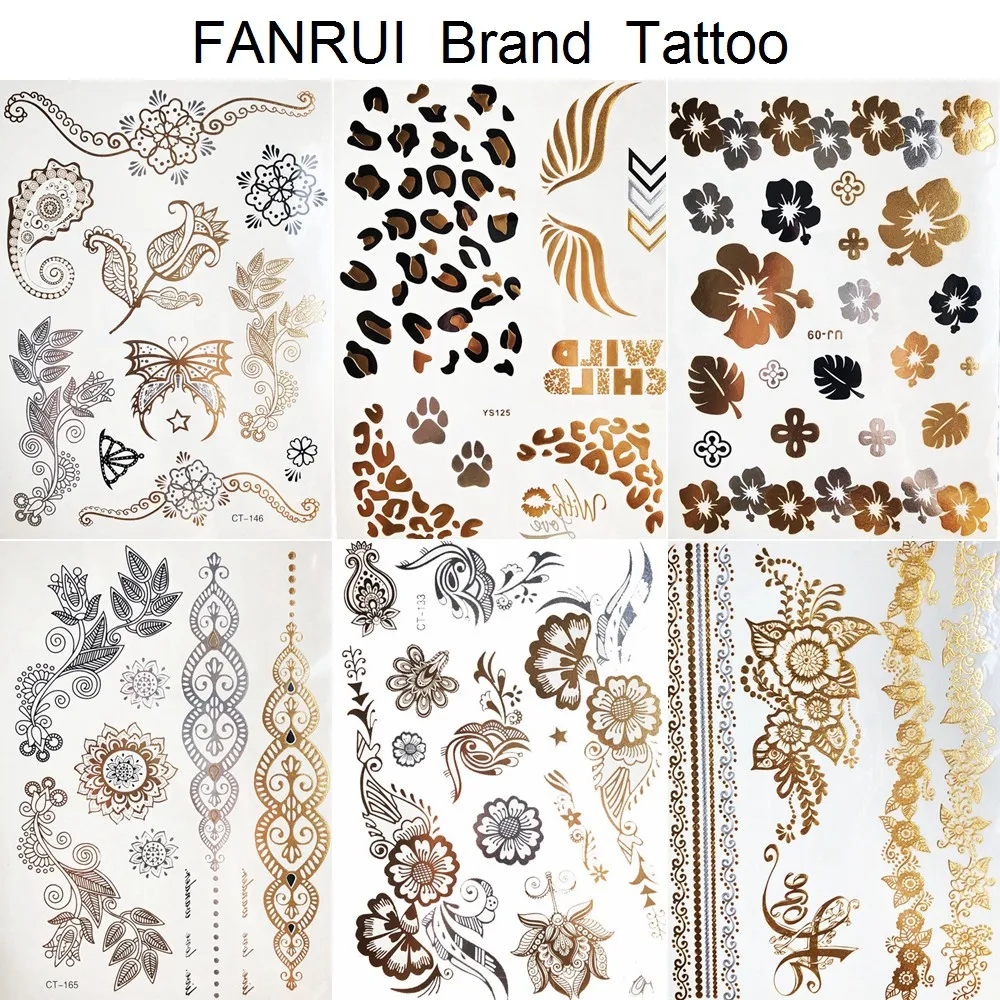 Lace Henna Flower Gold Metallic Temporary Tattoo Leopard Women Body Hands Art Tattoo Stickers Girls Legs Fake Flash Tatoo Chest