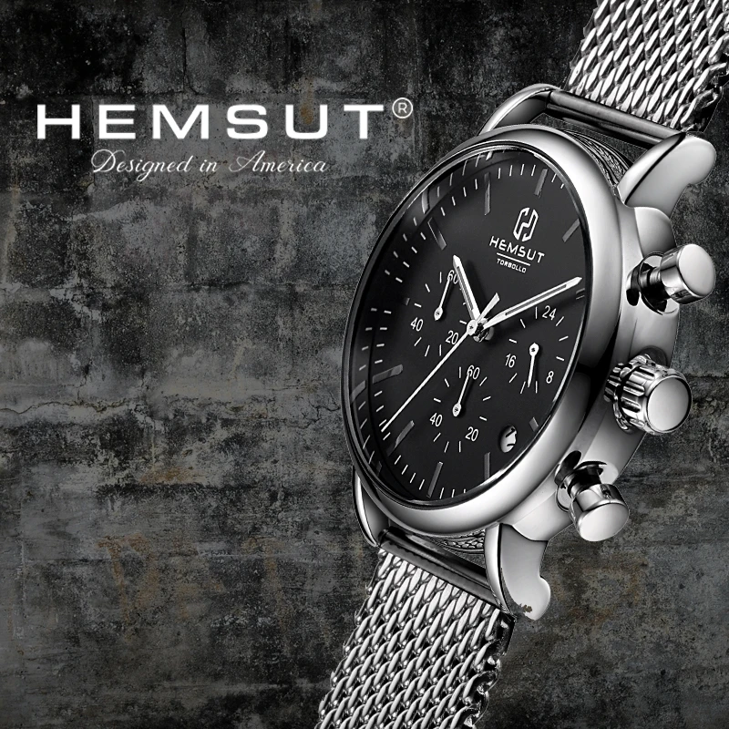 

Men's Watch HEMSUT Top Quality Men Watch Black Stainless Steel Water Resistant Wrist Watch relogio masculino With Tag box