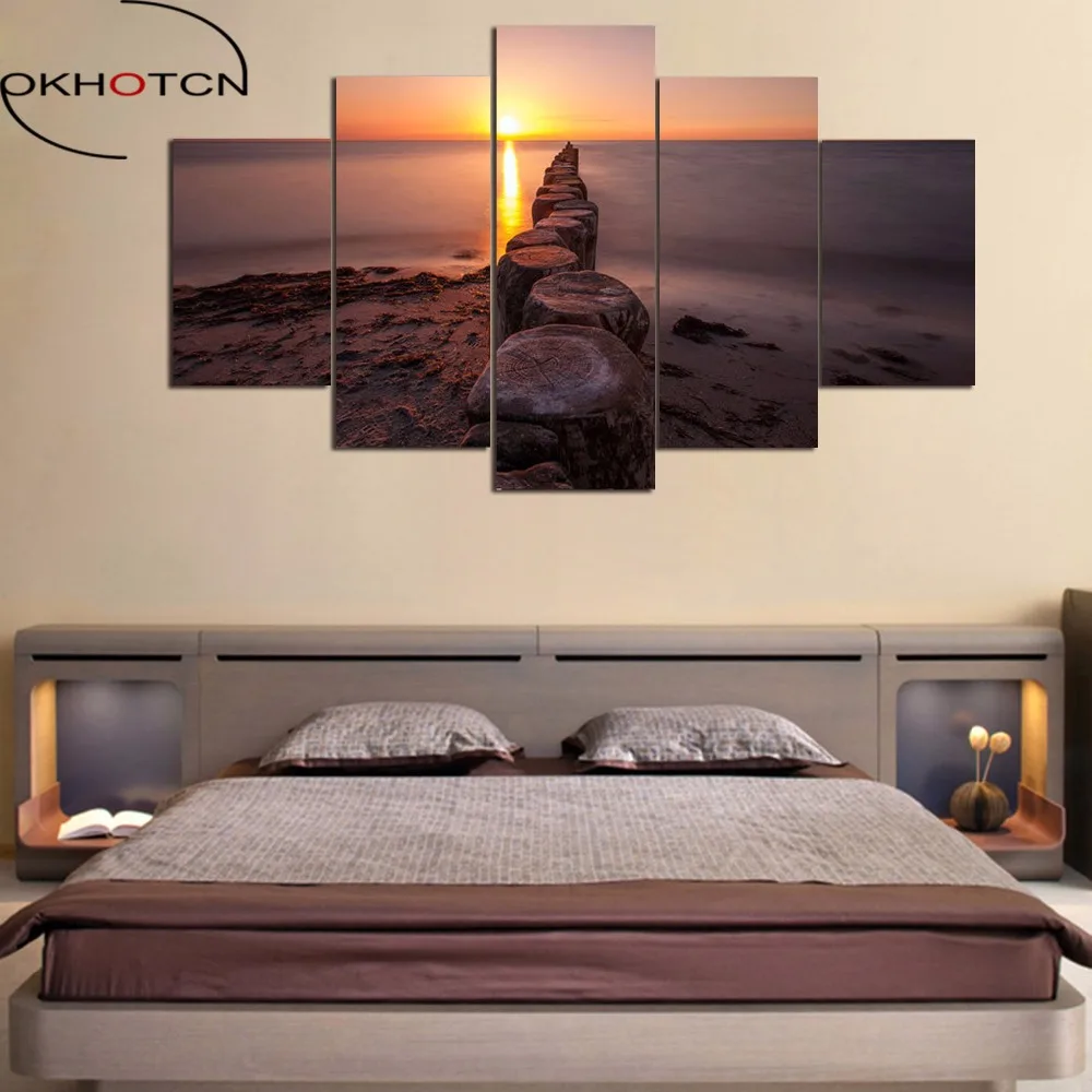 

OKHOTCN Framed Beach Sea 5 Pieces Modern Wall Art Canvas Paintings HD Printed Living Room Background Decor Prints and Poster