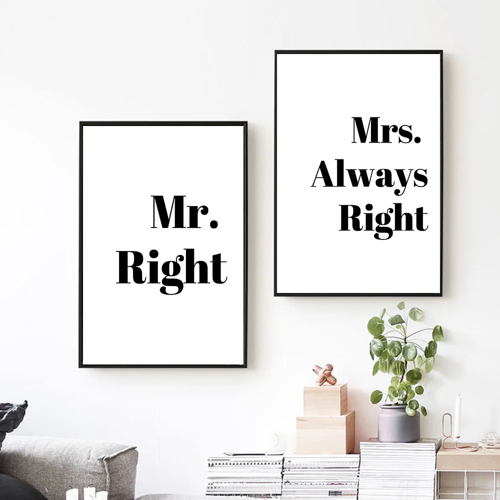 

Nordic Black and White Painting Mr.Right Mrs.Always Right Quote Canvas Art Posters and Prints Wall Pictures for Bedroom Decor